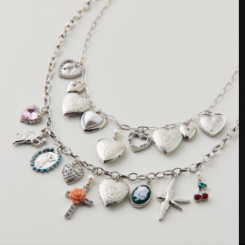 NEW Urban Outfitters Silver Charm Necklace with Heart and Bird Accents